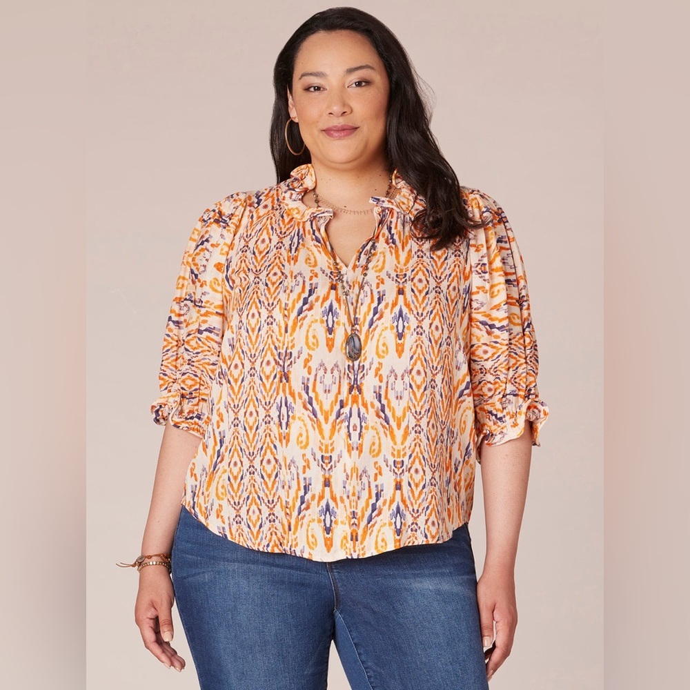 Democracy Below Elbow Sleeve Curl Edge Ruffle Neck Woven Top Orange NWT 1X